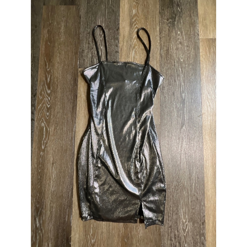 H&M Divided Mini Dress Womens Size Medium Silver Metallic Spaghetti Strap Slit